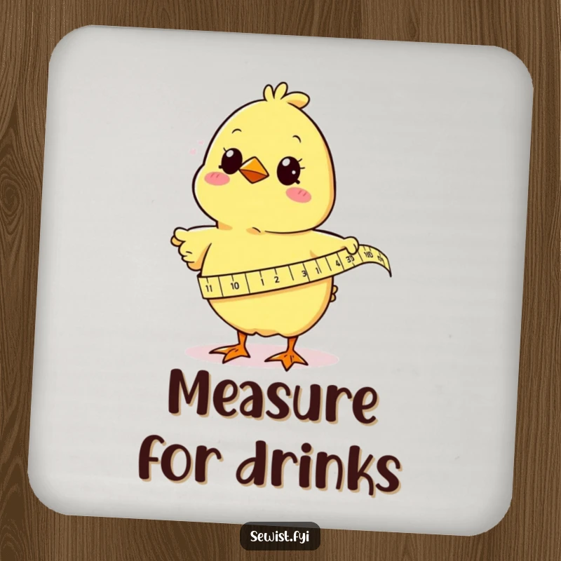 Funny chick humorously measuring fabric with a tape measure, protecting surfaces with a set of comical drink coasters for sewers.