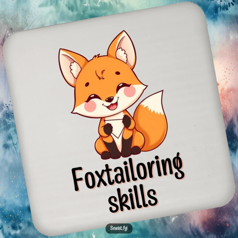 Funny Fox Coaster: A delighted fox proudly stitching a colorful patch, protecting surfaces with crafting pride, great gift.