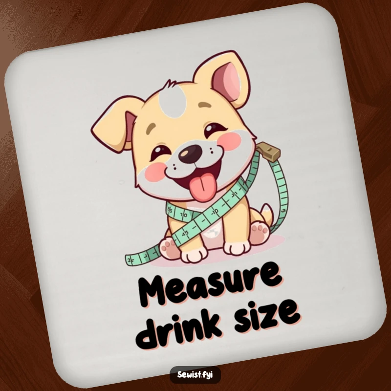 Funny drink coaster featuring a happy dog measuring fabric with a tape measure, tongue out, a crafting accessory.