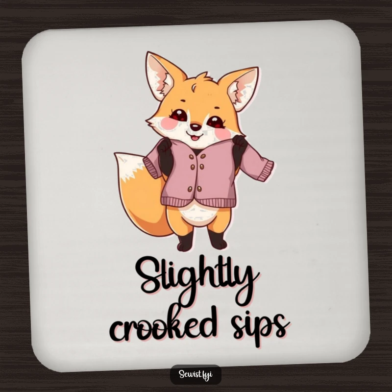 Funny fox dressmaker drink coaster, a playful creature proudly holding a slightly crooked finished garment, protecting surfaces with humorous charm, ideal gift.