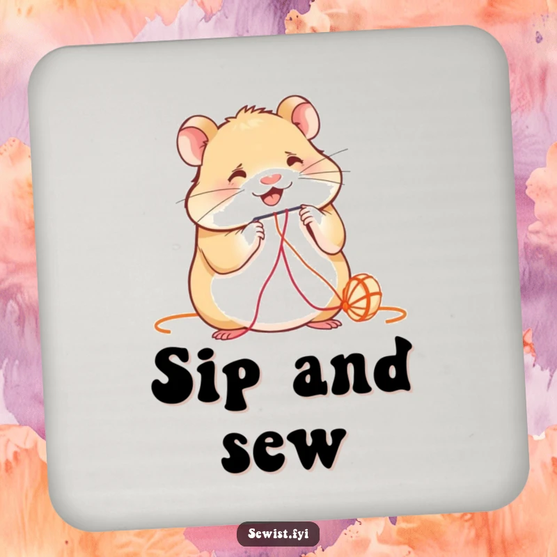 Funny Coaster: A smiling hamster skillfully threads a needle, adding a humorous touch to drink protection.
