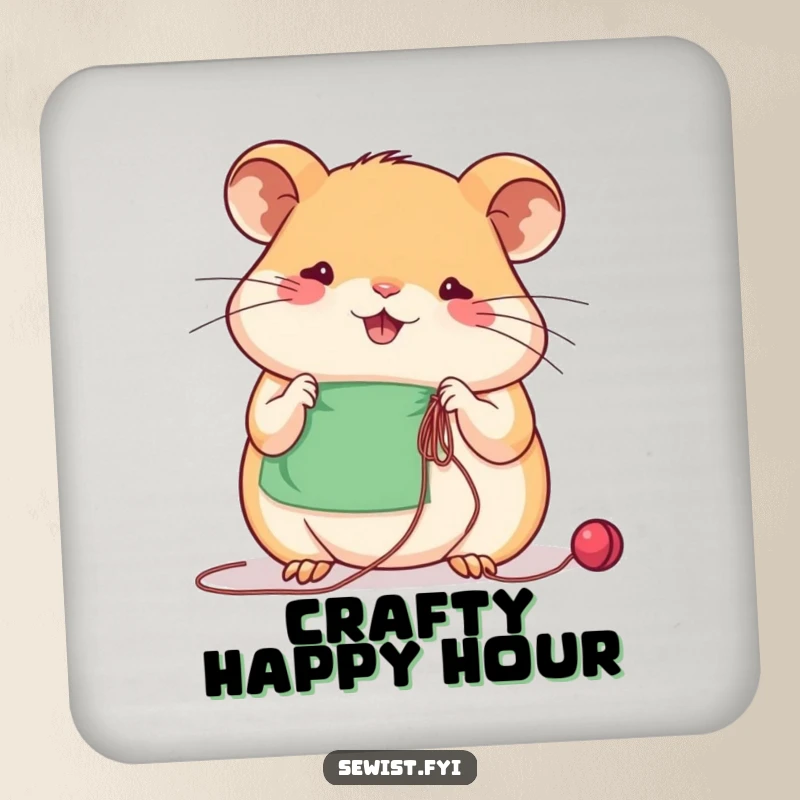 Funny beaming hamster concentrates on sewing with needle and thread, a humorous drink coaster for crafters.