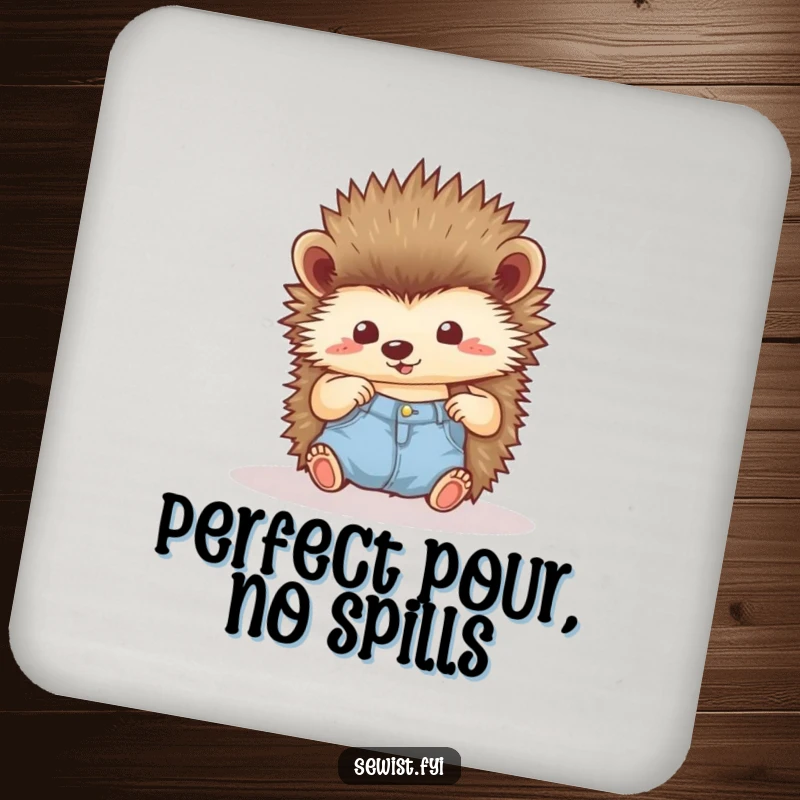 Funny Hedgehog Drink Coasters: A proud hedgehog admiring a perfect seam, protecting surfaces with humor and pride, a practical gift.