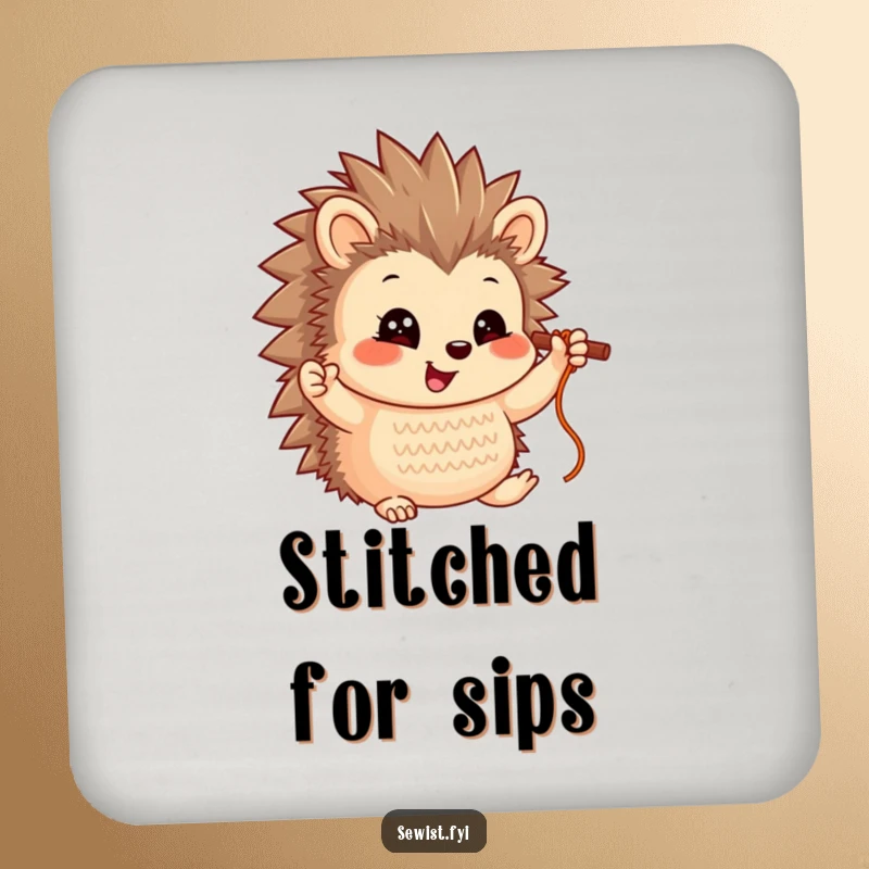 Funny Hedgehog Coaster: A smiling hedgehog character proudly holding up a completed stitch, adding humor to drink protection.