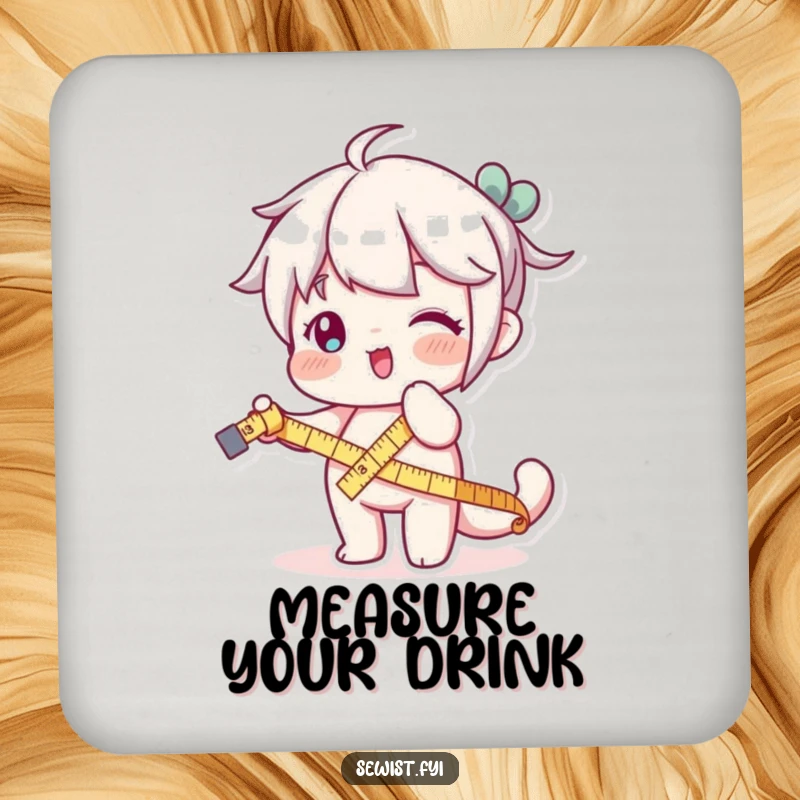 Funny coaster set featuring a character playfully stretching a measuring tape, protecting surfaces with humor.