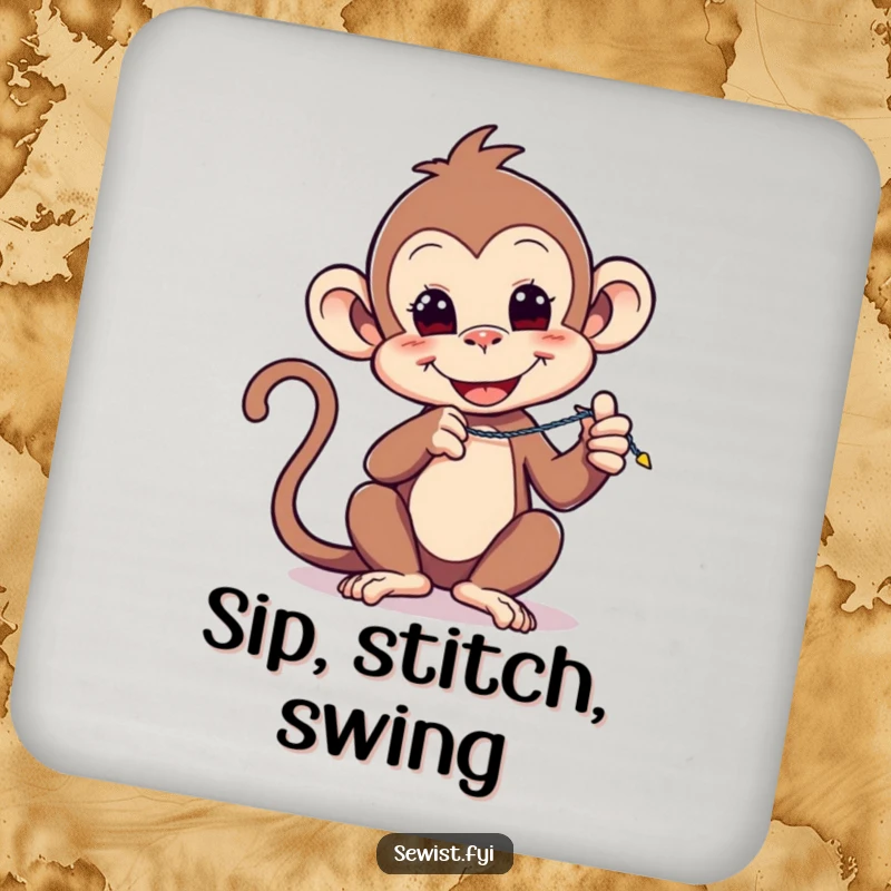Funny coaster: A playful monkey demonstrates a zigzag stitch, adding a decorative and functional sewing accent to surfaces.