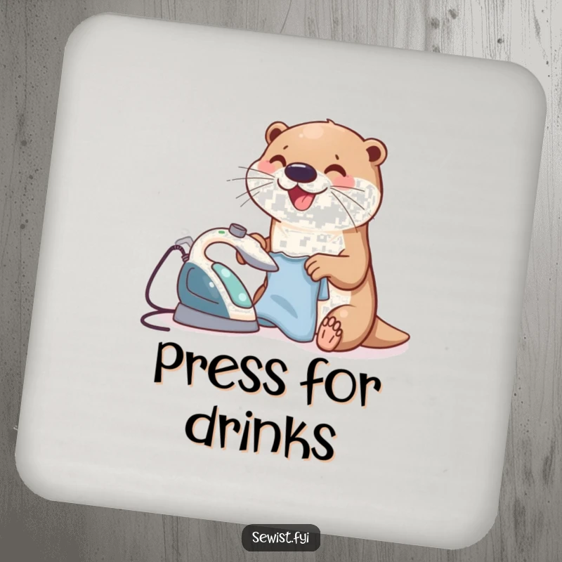 Funny Otter Drink Coaster featuring a joyful otter ironing a small garment with a tiny iron, a humorous and protective accessory.