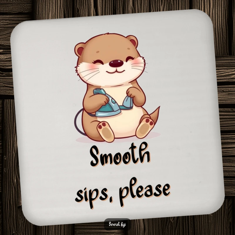 Funny otter ironing drink coaster, a content creature happily pressing a seam with a tiny iron, protecting surfaces with humorous charm, ideal gift.