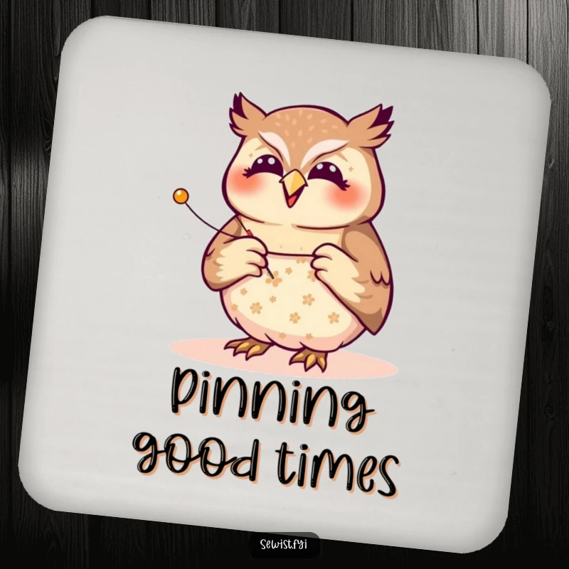 Funny owl seamstress drink coaster, a joyful creature pinning a fabric pattern with focused precision, protecting surfaces with humorous charm, ideal gift.