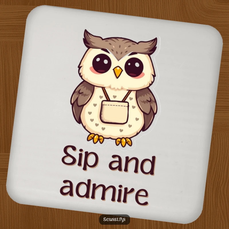 Funny proud owl displaying a small, neatly sewn pouch. Perfect funny coaster.
