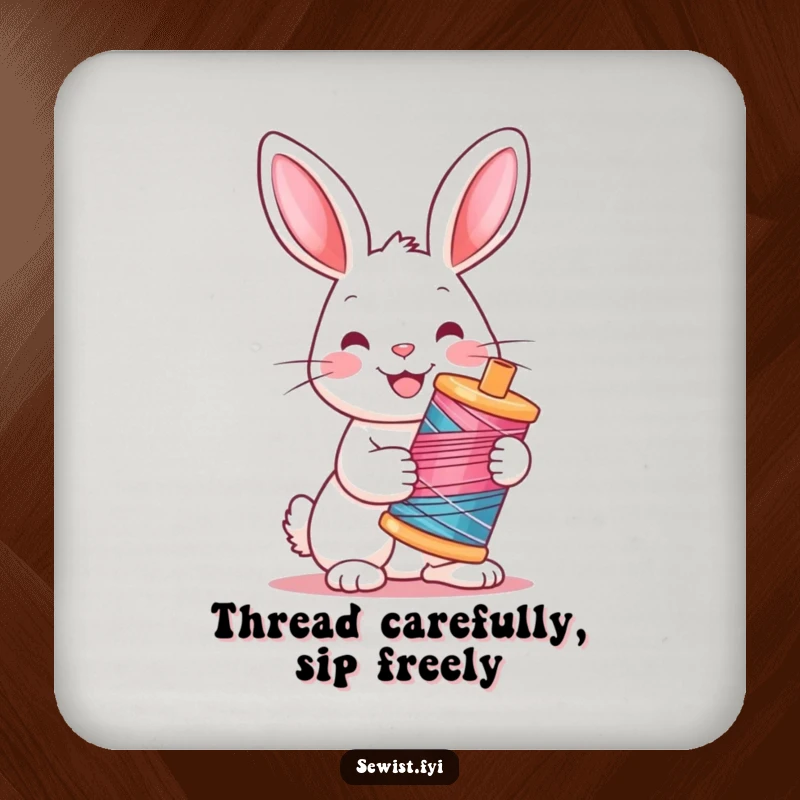 Funny Rabbit Coaster: A humorous coaster depicting a cheerful rabbit holding a brightly colored spool of thread, a cute accessory.