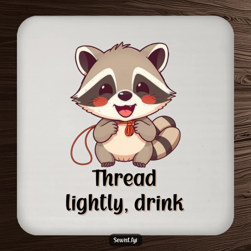 Funny Raccoon Sewing Coasters: A happy raccoon sewing with delight, protecting surfaces with charm. Set of amusing coasters.