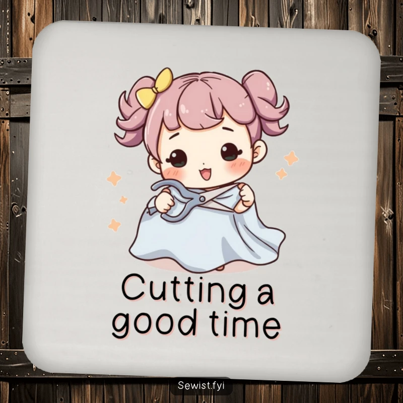 Funny drink coaster set featuring a character making a flourish while cutting fabric with scissors, adding humor and sewing action to tabletops.