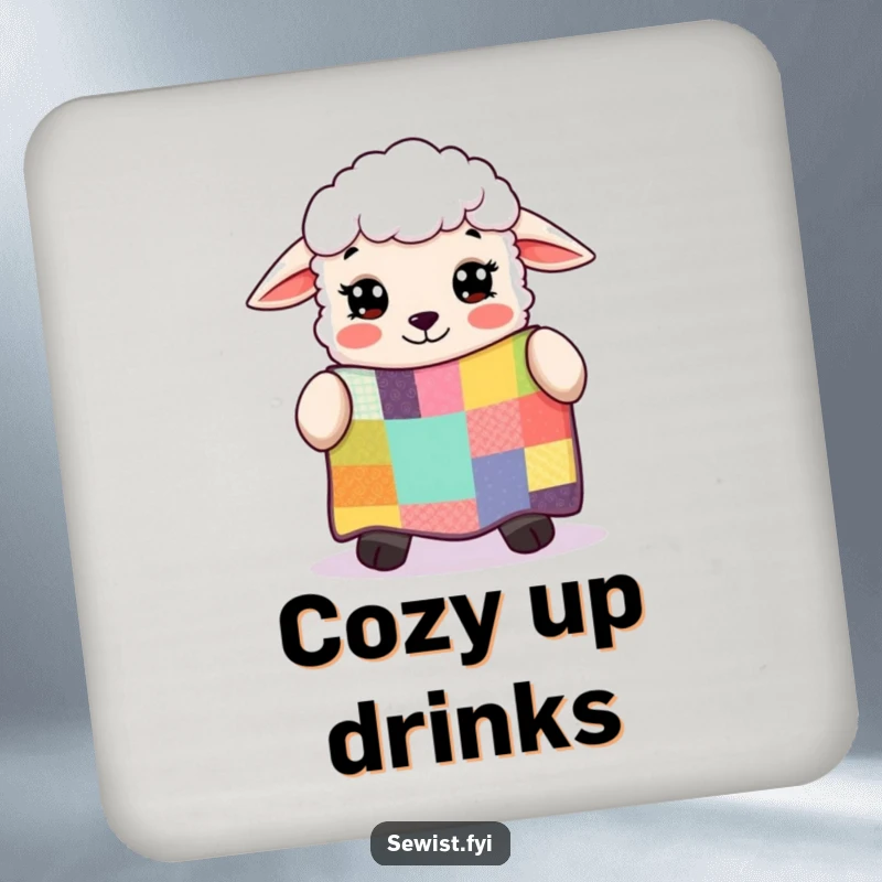 Funny sheep admiring a colorful patchwork quilt, a set of charming drink coasters for those who love sewing and handmade art.