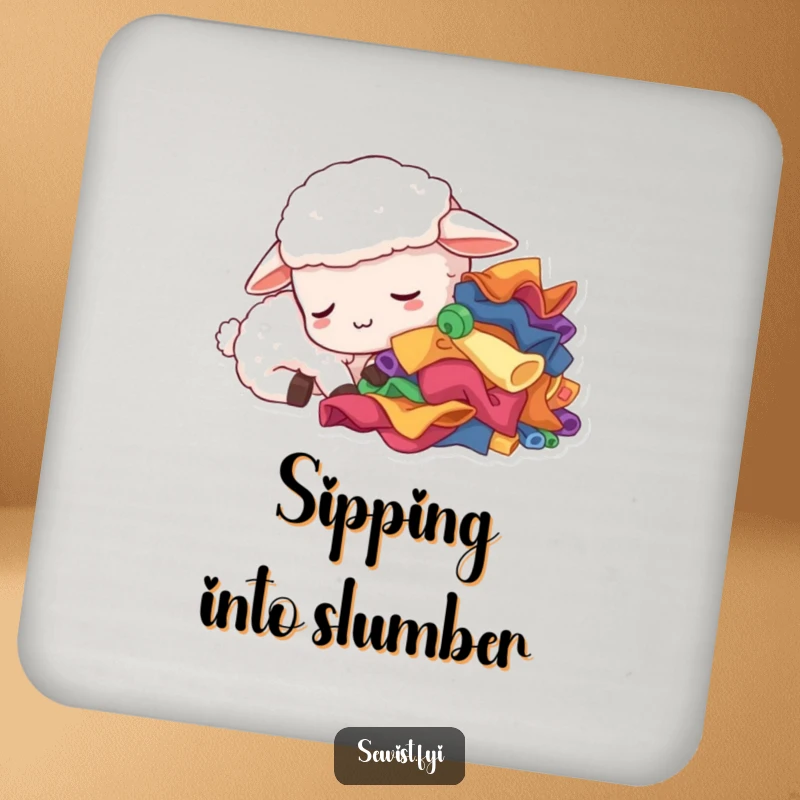 Funny sleepy sheep drink coaster, a tired creature dozing next to fabric scraps, protecting surfaces with humorous charm, ideal gift.