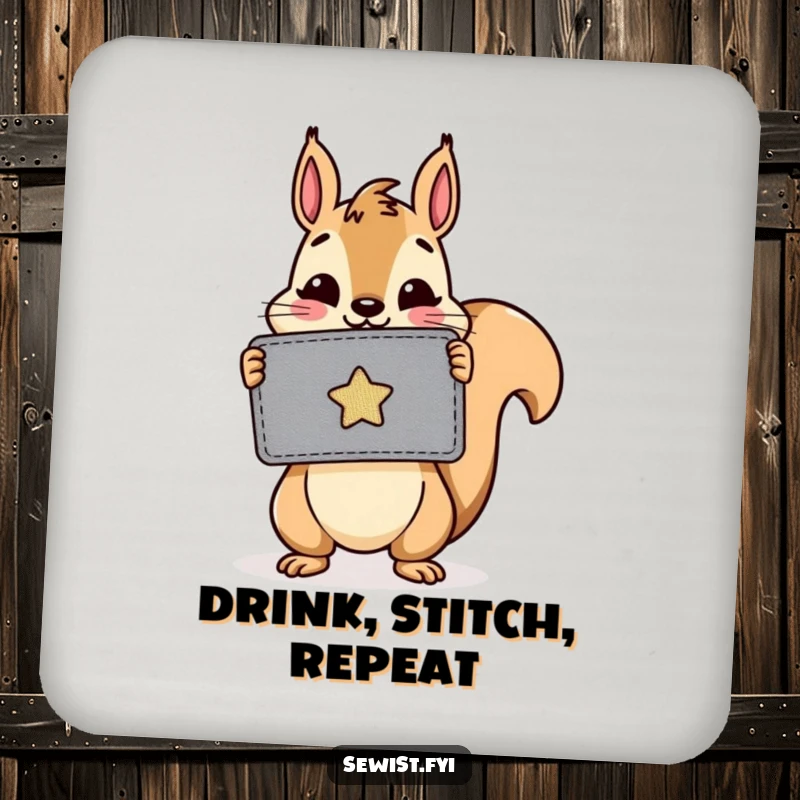 Funny coaster: A cheerful squirrel holds a sewn patch, adding a touch of handmade artistry to protect your surfaces.