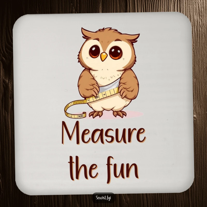 Funny curious owl measures fabric with a tape measure, a humorous drink coaster for crafters.