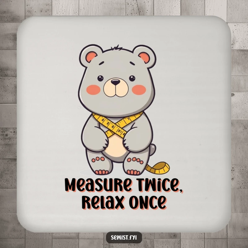 Funny determined bear measuring fabric with a tape measure. Perfect funny coaster.