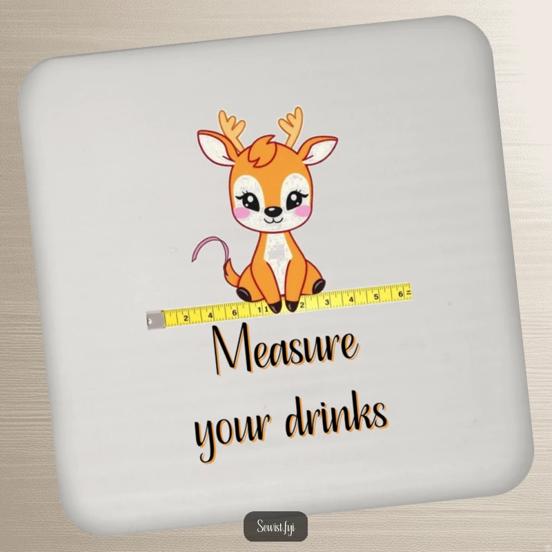 Funny Deer Measuring Tape Coaster: A protective coaster featuring a giggling deer measuring fabric with a tape measure, adding a humorous touch.