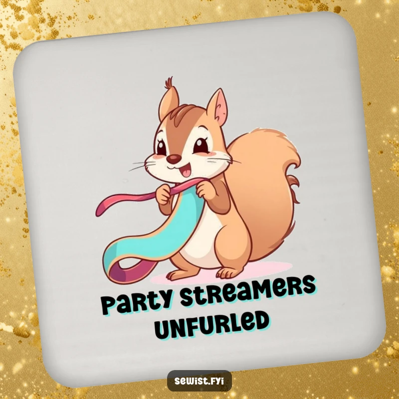 Funny mischievous squirrel unfurls a ribbon with a flourish, a humorous drink coaster for fun lovers.