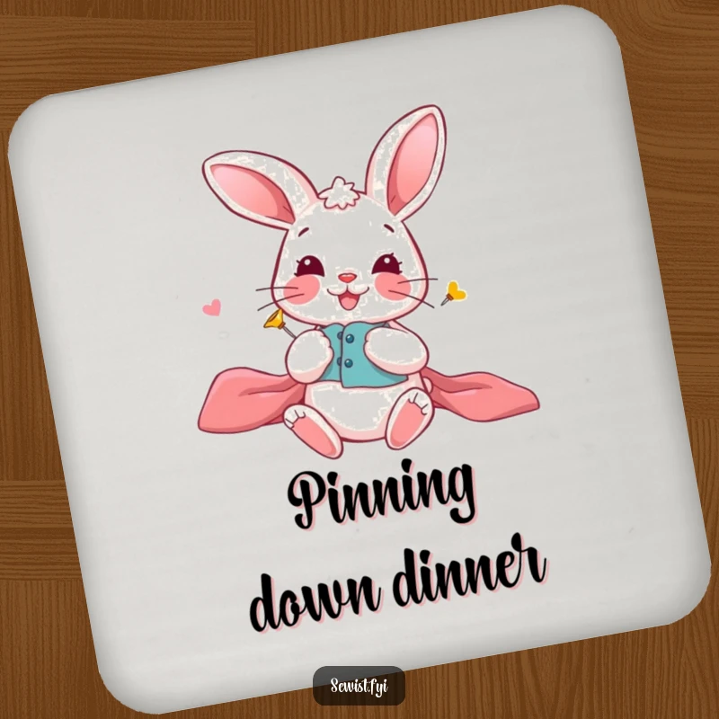 Funny Bunny Coaster: A playful bunny carefully pinning fabric, protecting surfaces with crafting precision, great gift.