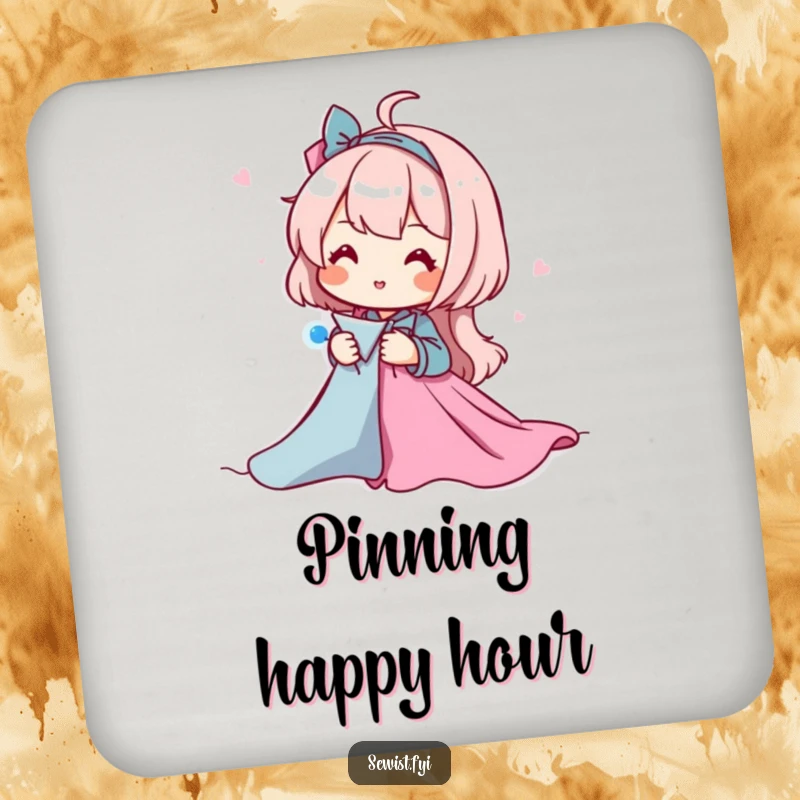 Funny drink coaster set featuring a character happily pinning fabric pieces together, adding humor and a focus on sewing preparation to tabletops.