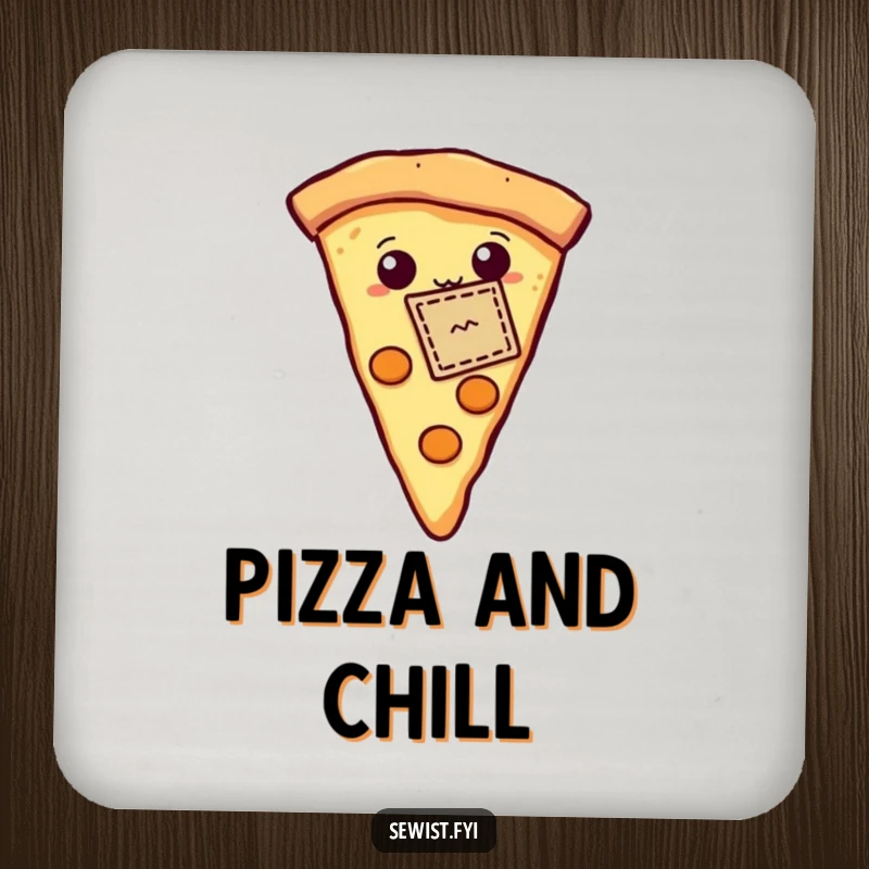 Funny drink coaster featuring a proud pizza slice proudly showing off a tiny stitched patch, protecting surfaces with delicious humor.