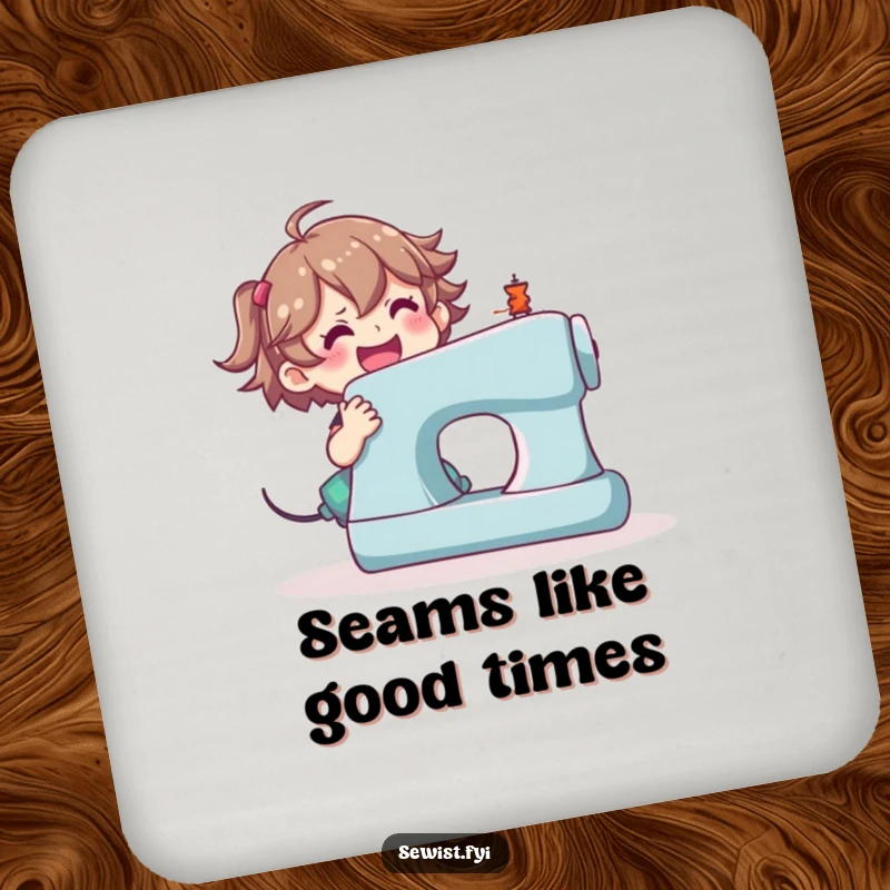 Funny sewing machine drink coaster, happy character operating a sewing machine, for craft lovers.