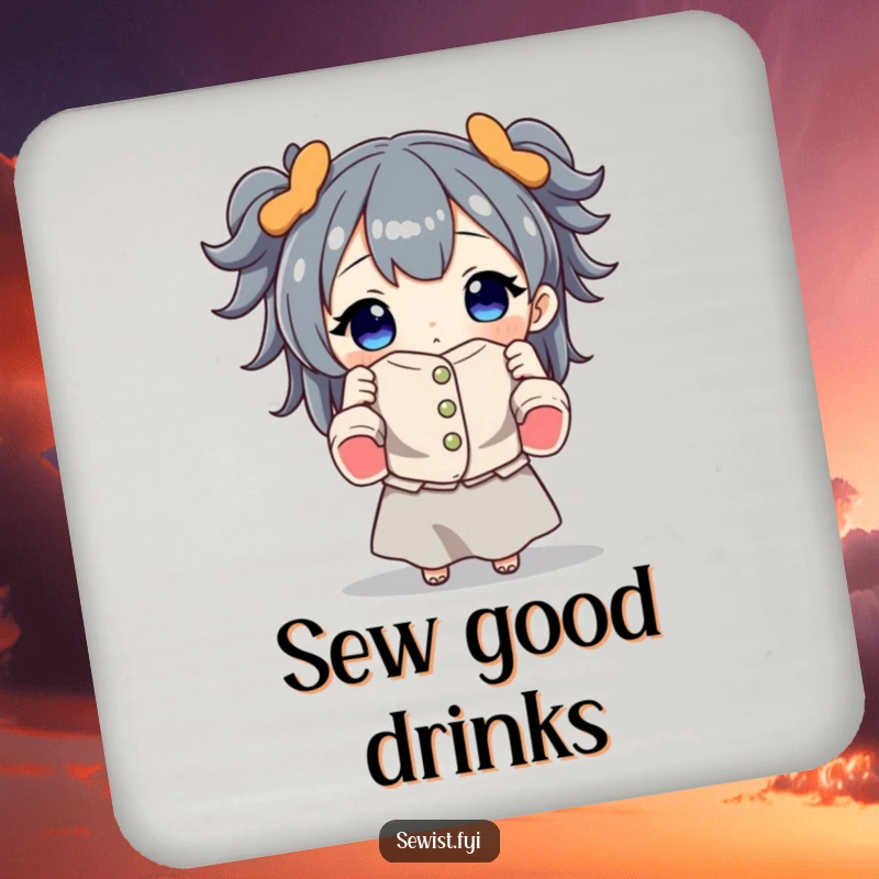 Funny drink coaster set featuring a character proudly holding a beautifully sewn garment, adding humor and protection to coffee tables.