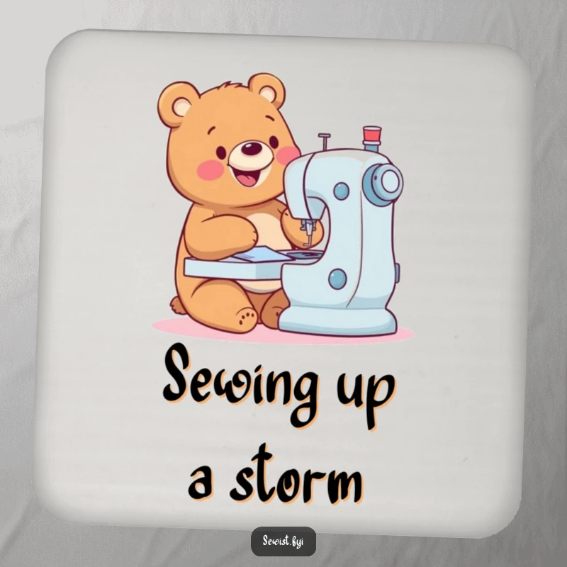 Funny Bear Coaster: A happy bear sewing expertly, protecting surfaces with crafting charm, perfect small gift.