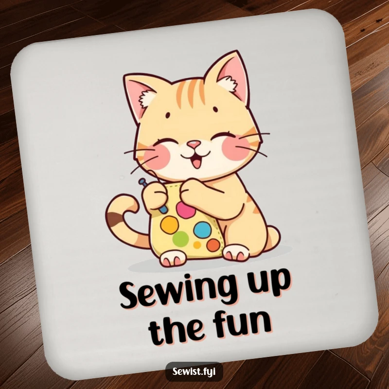 Funny drink coaster set featuring a cheerful cat character stitching, a protective funny gift.