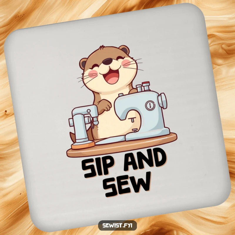 Funny otter drink coaster with a joyful otter operating a sewing machine, protecting surfaces.