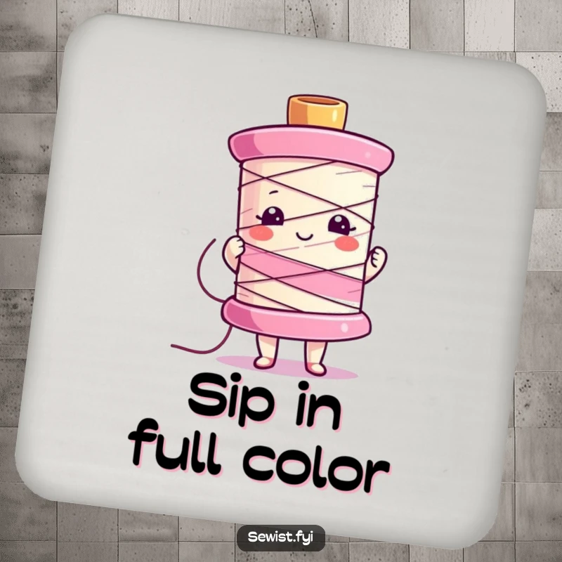 Funny coaster set featuring a character proudly displaying a colorful sewing spool, adding style and humor.