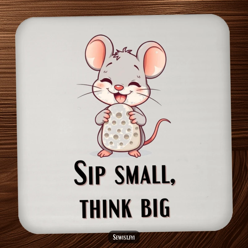 Funny Coasters with a delighted mouse character using a thimble, offering charming surface protection.