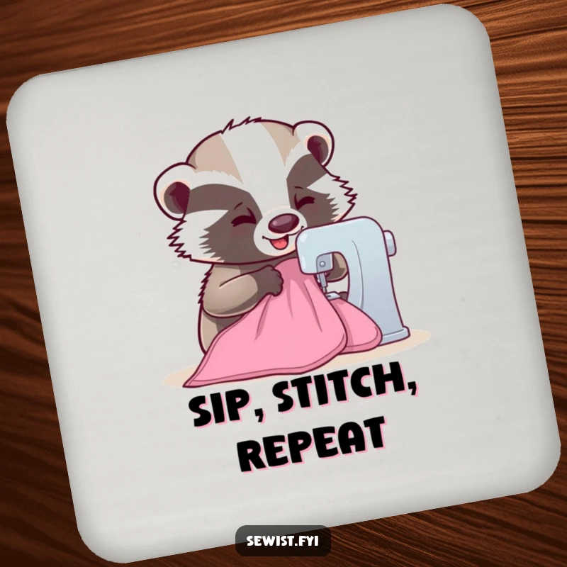 Funny Badger Drink Coasters: A happy badger sewing fabric, protecting surfaces with a humorous design, a practical and funny gift.
