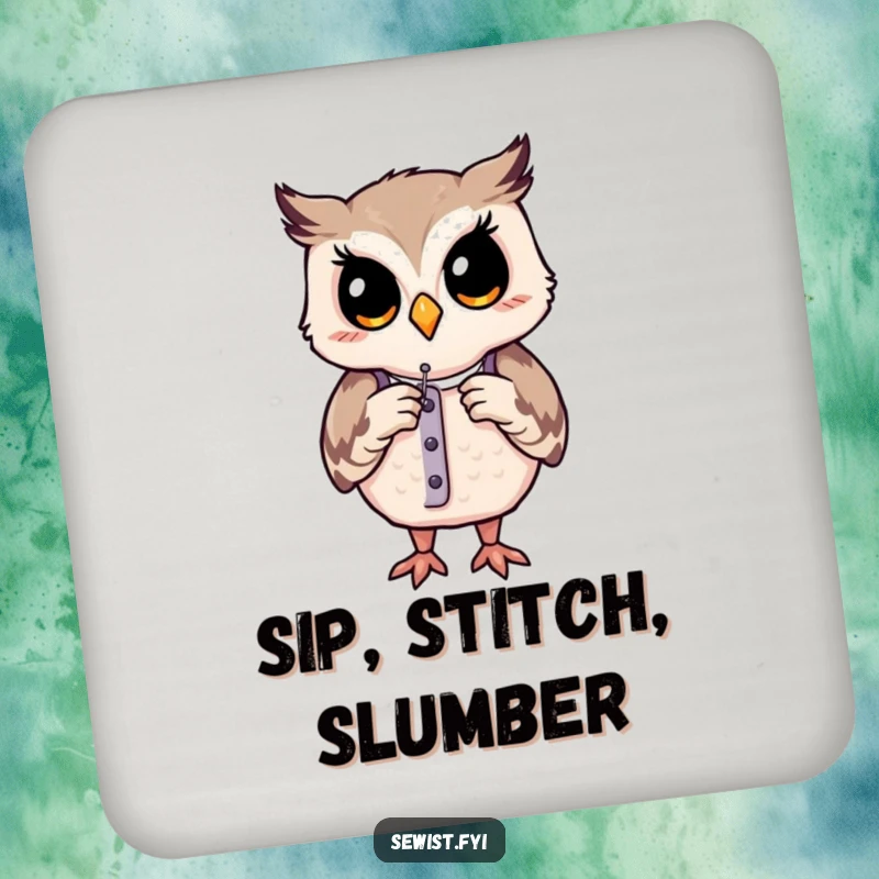 Funny coaster: A contented owl adjusts a dress form with a needle, adding a touch of sewing sophistication to surfaces.