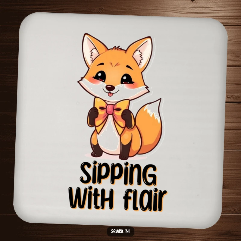 Funny coaster featuring a charming fox adjusting its bow tie, offering surface protection with elegant humor and personality.