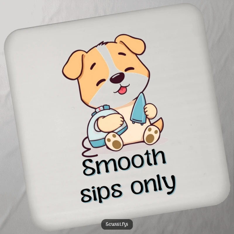 Funny Dog Ironing Seam Coaster: A protective coaster featuring a contented dog ironing a small seam with a mini iron, adding a humorous touch.