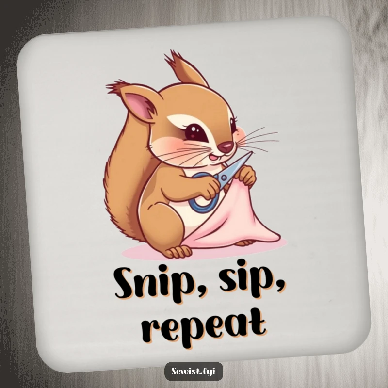 Funny squirrel tailor drink coaster, a determined critter snipping fabric, protecting surfaces with humorous charm, ideal for a craft room gift.