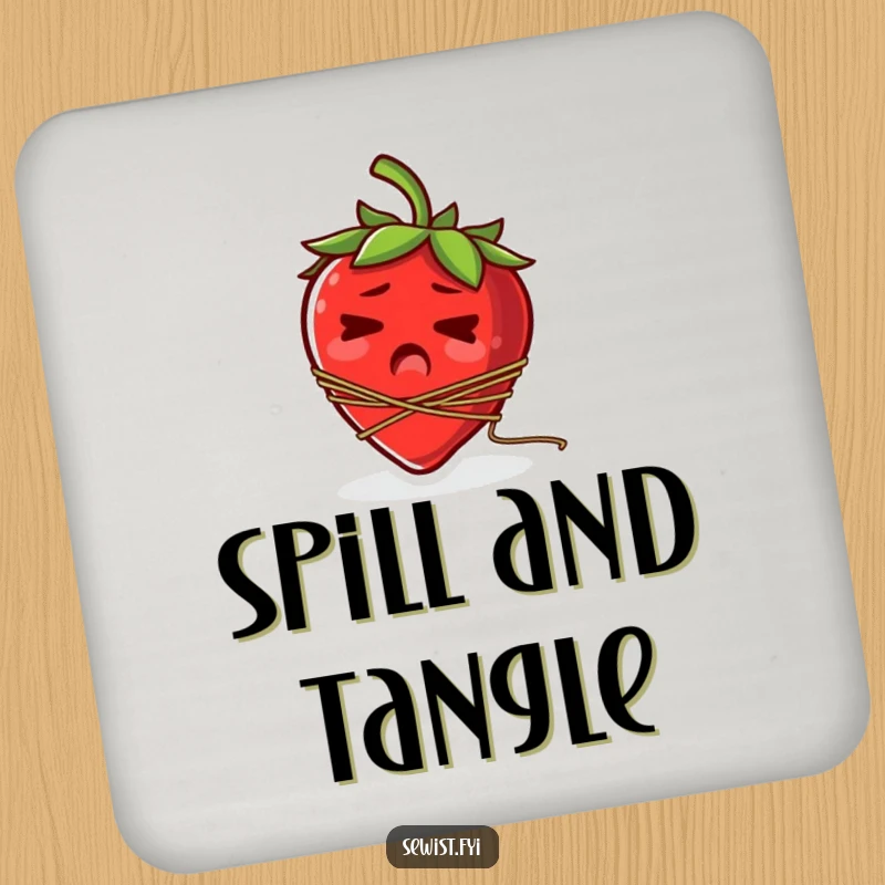 Funny drink coaster featuring a startled strawberry hilariously tangled in a spool of thread.