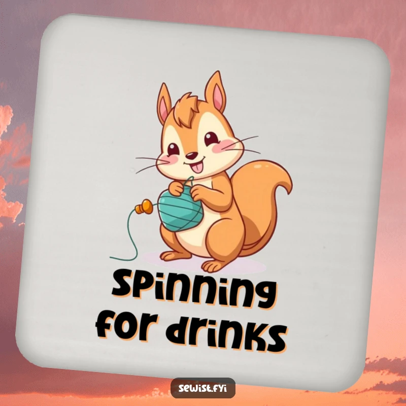Funny Squirrel Coaster: A jolly squirrel character winding a bobbin with great speed, adding humor to drink protection.