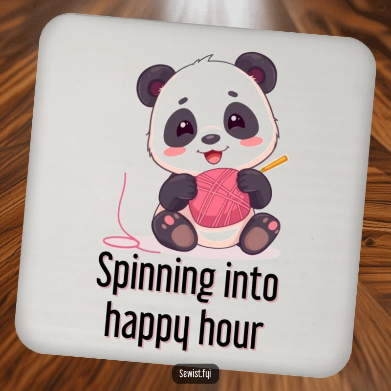 Funny Panda Drink Coasters: A playful panda spinning thread, protecting surfaces with humor and fun, a practical gift.