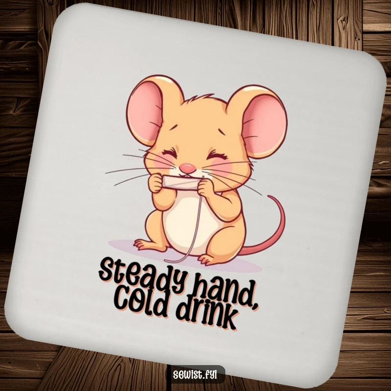 Funny determined mouse threading a needle with intense concentration. Perfect funny coaster.