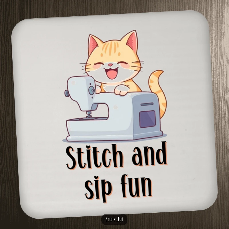 Funny coaster featuring a playful cat operating a sewing machine, offering surface protection with crafty humor and personality.