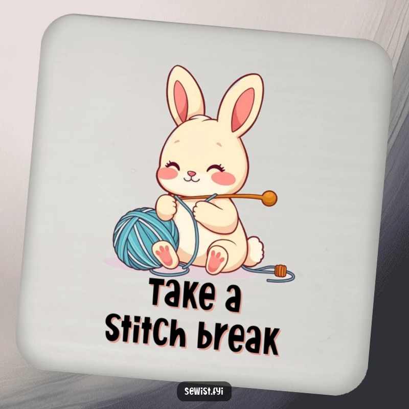 Funny Coasters with a cute bunny character threading a large needle with yarn, protecting surfaces with charm.