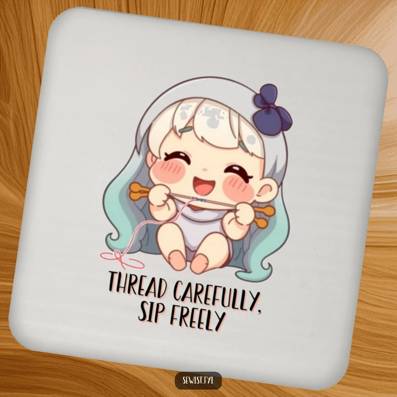 Funny threading needle drink coaster, happy smiling character joyfully threading a needle, for craft lovers.
