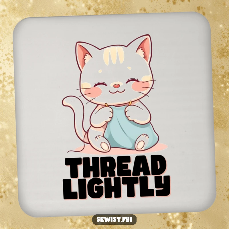 Funny cat drink coaster featuring a happy cat sewing with a needle and thread, protecting surfaces.