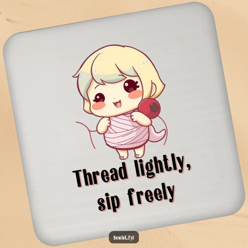 Funny coaster set featuring a cheerful character winding a sewing bobbin, protecting surfaces with humor.