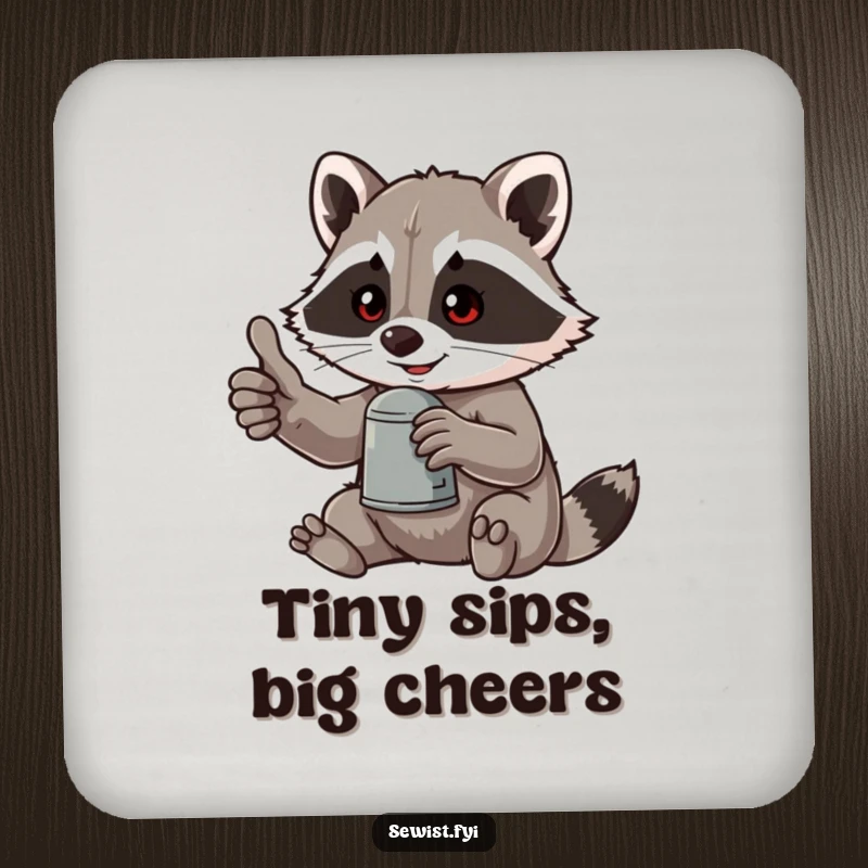 Funny drink coaster featuring a mischievous raccoon giving a thumbs-up, using a thimble, protecting surfaces with a humorous design.
