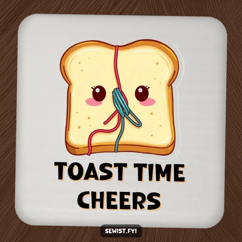 Funny toast coasters showing a cheerful piece of toast with vibrant thread emerging, protecting tables with humor.